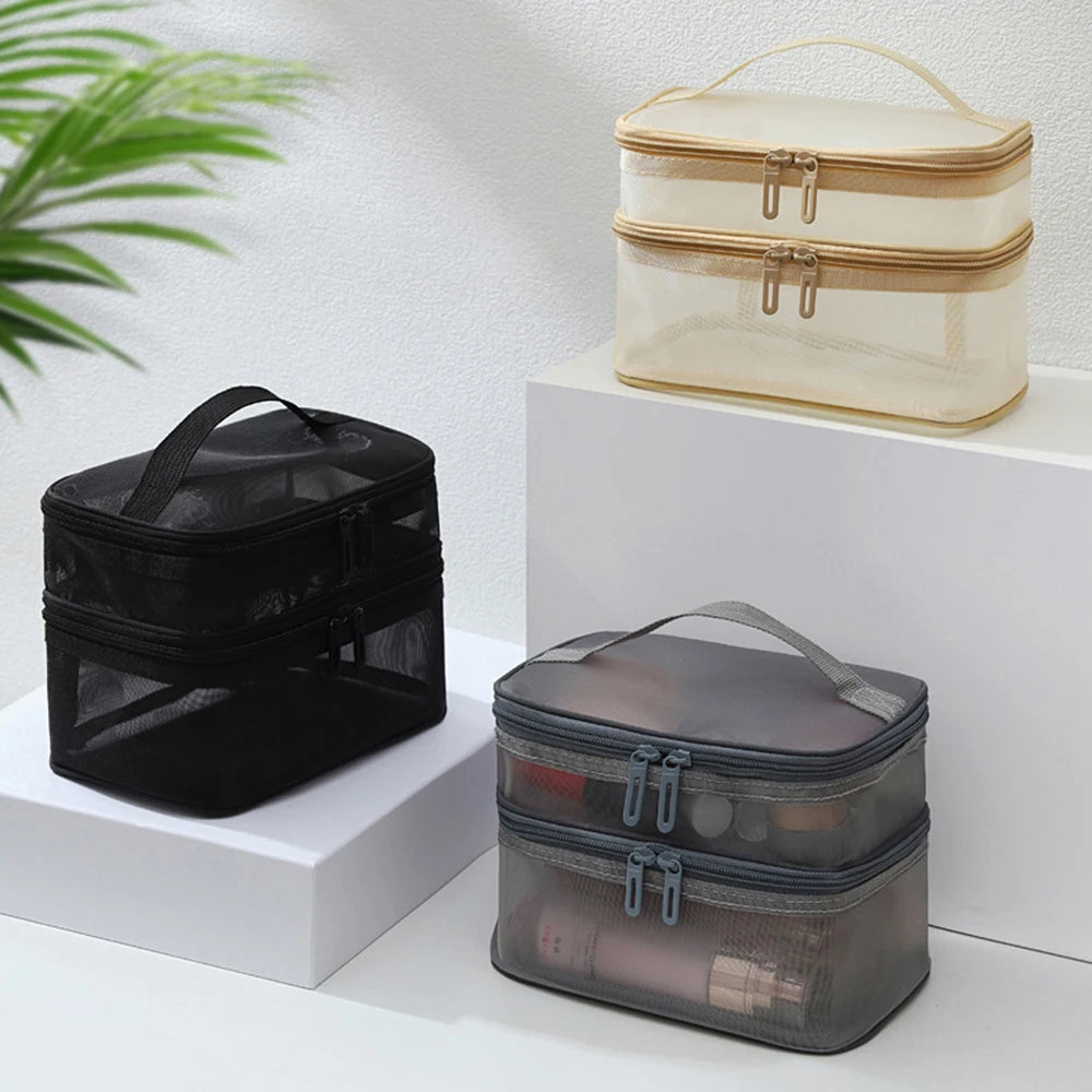 Double Layer Mesh Makeup Bag, Wash Bag, Women's Portable New Large Capacity Storage Bag, Cosmetics Storage Bag