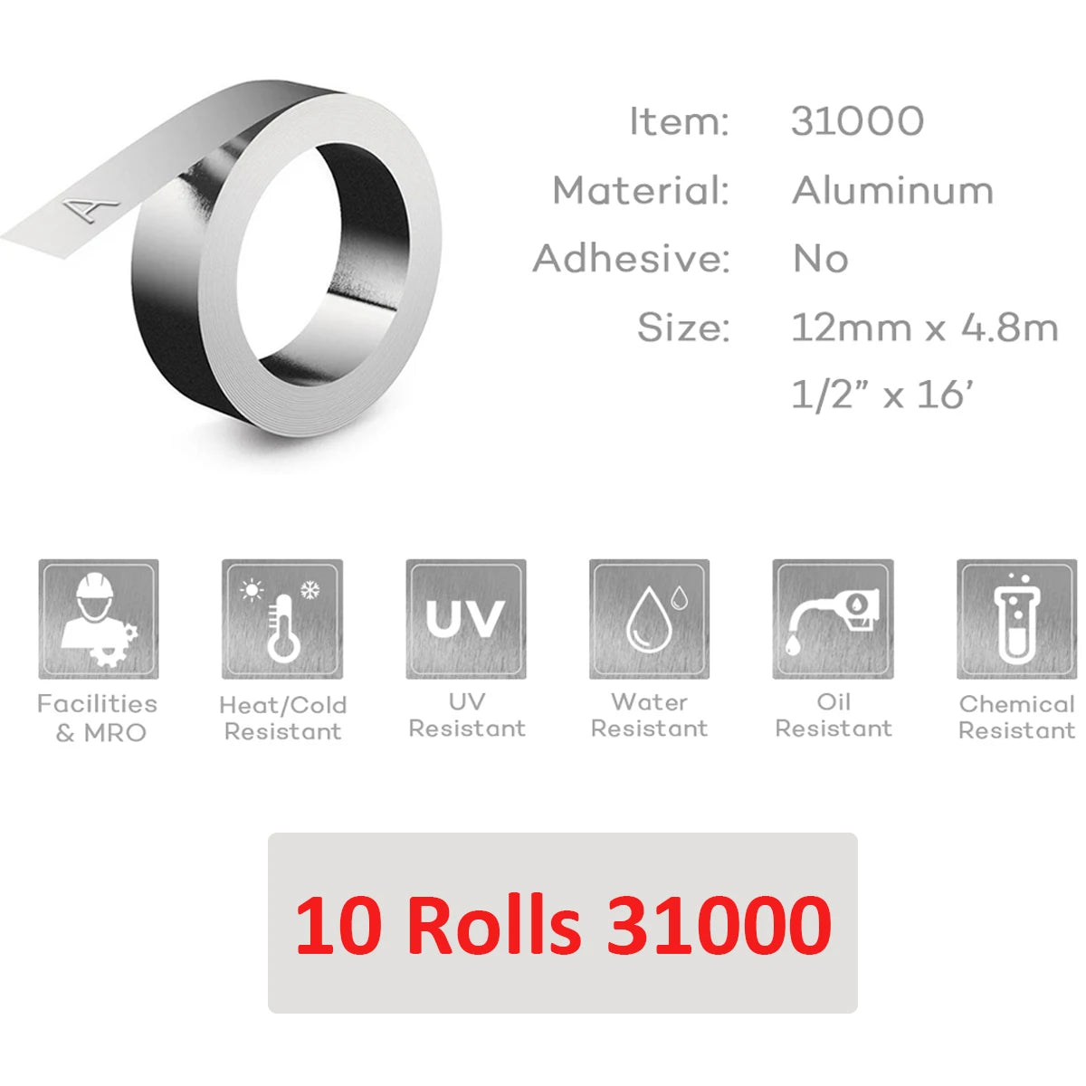 10 Rolls Compatible For DYMO 32500 35800 31000 Embossing Metal Tape FOR Dymo rhino M1011