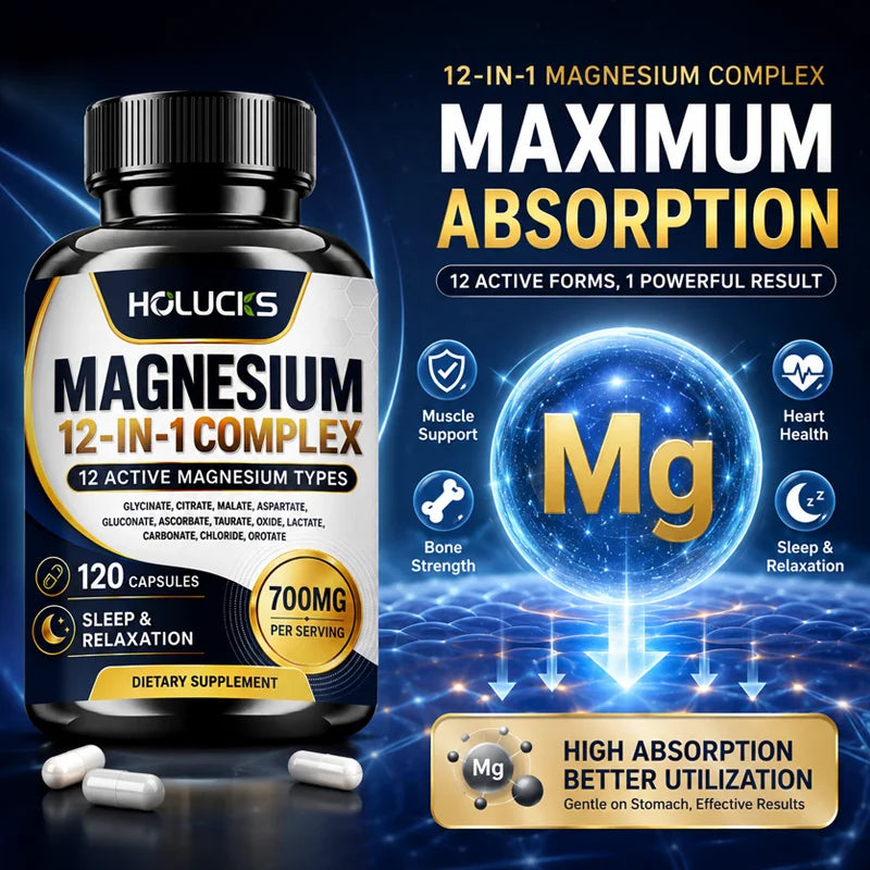 Magnesium Complex 700mg 12 in 1 Supplement, Support Heart & Bone Health, Aid Relaxation, Improve Muscle Strength, Boost Immune