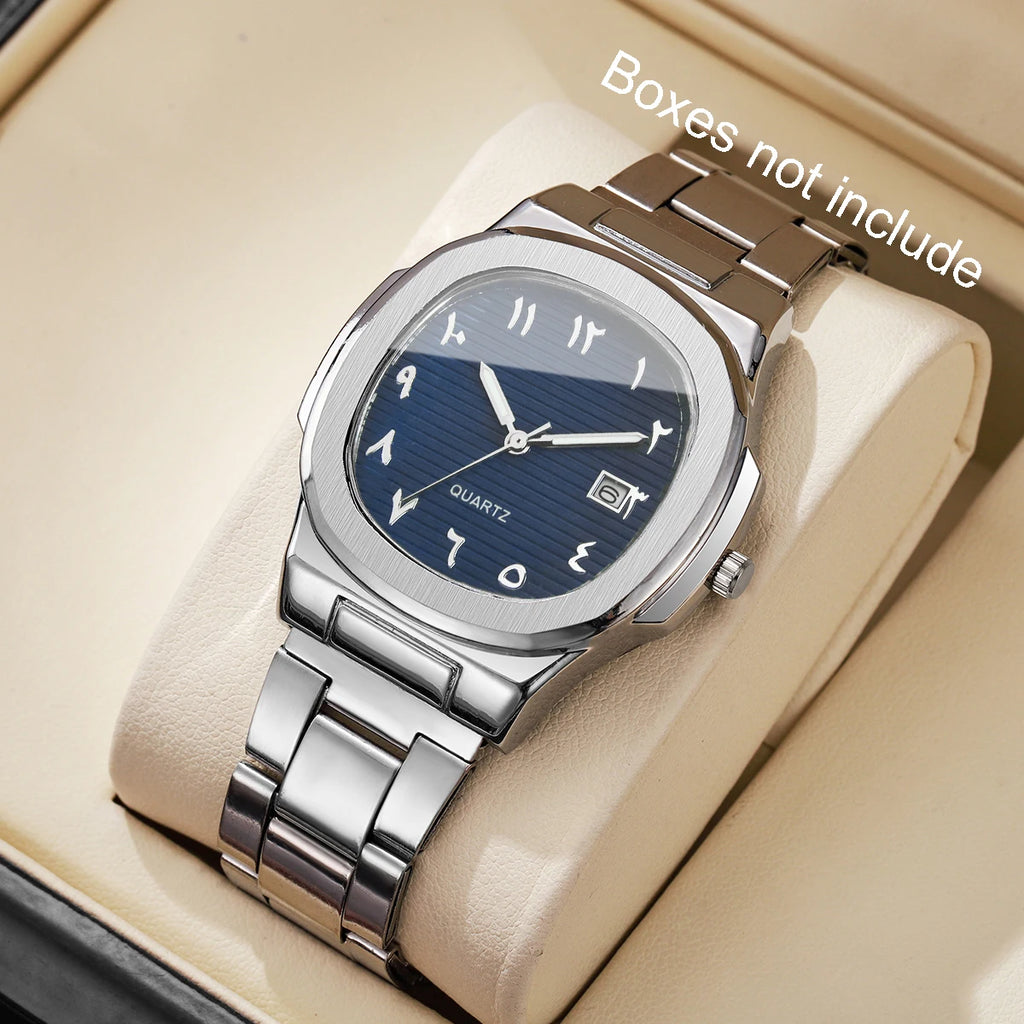 Luxury Men Business Watches Fashion Square Dial Stainless Steel Strap Quartz Watch with Calendar For Mens Clock（Without Box）