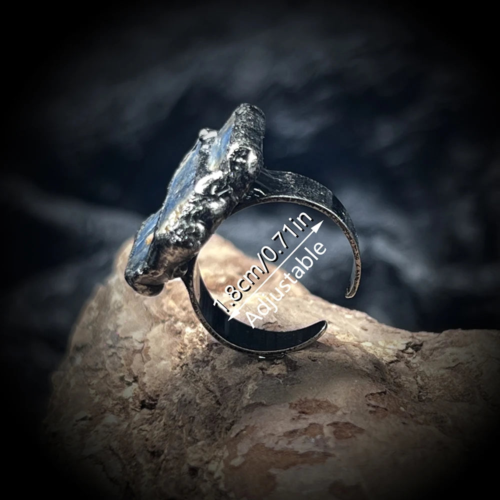 Natural Blue Crystal Ring Adjustable Open Design Vintage Rough Metal Setting Unique Flash Stone Jewelry for Boho Gothic Style