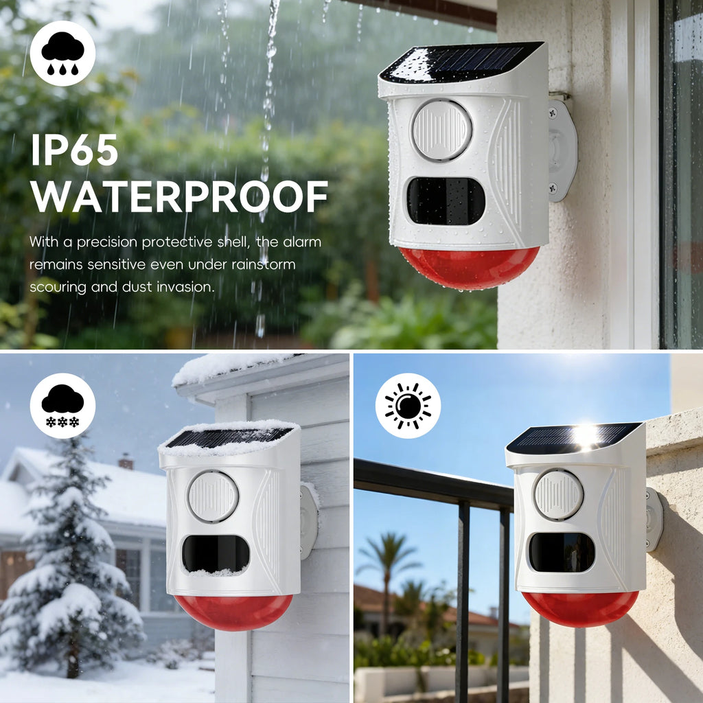 Solar Strobe Alarm Light with Motion Sensor Siren Outdoor Alarm Siren with Remote Controller 120db Sound Security Siren Light