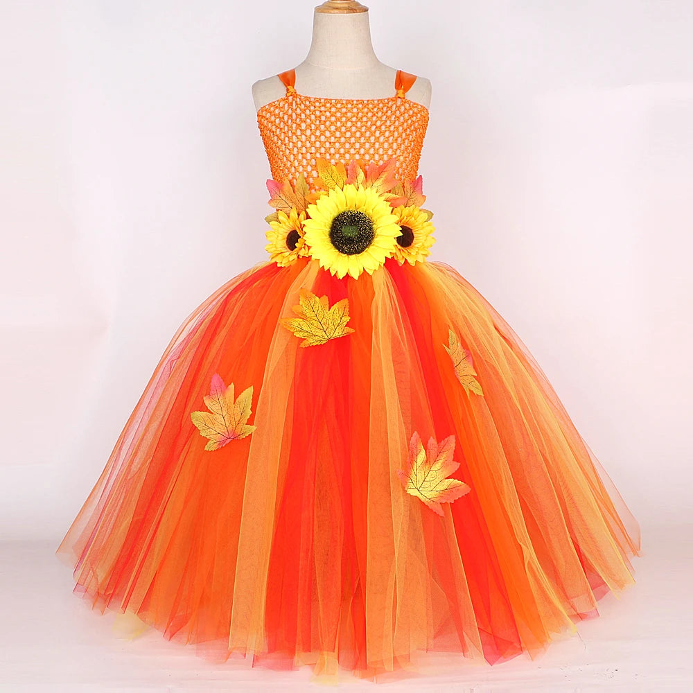 Maple Leaf Sunflower Fairy Costumes Girls Fall Autumn Long Tutu Dress for Kids Thanksgiving Halloween Fancy Outfit with Wings