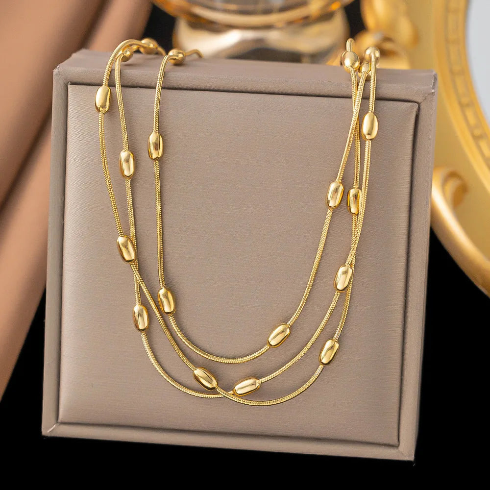 Personalized Design Gold Color Stainless Steel Multiple Layers Round Bead Bracelet for Women Charm Necklace Jewelry Set Gift