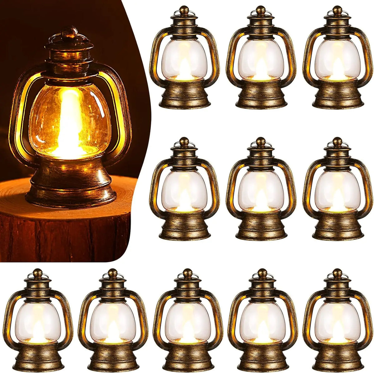 12 Pcs Mini Lantern Decorative with LED Candle 4 Inch Small Hanging Lantern Ornaments Camping Table Centerpiece Vintage Lantern