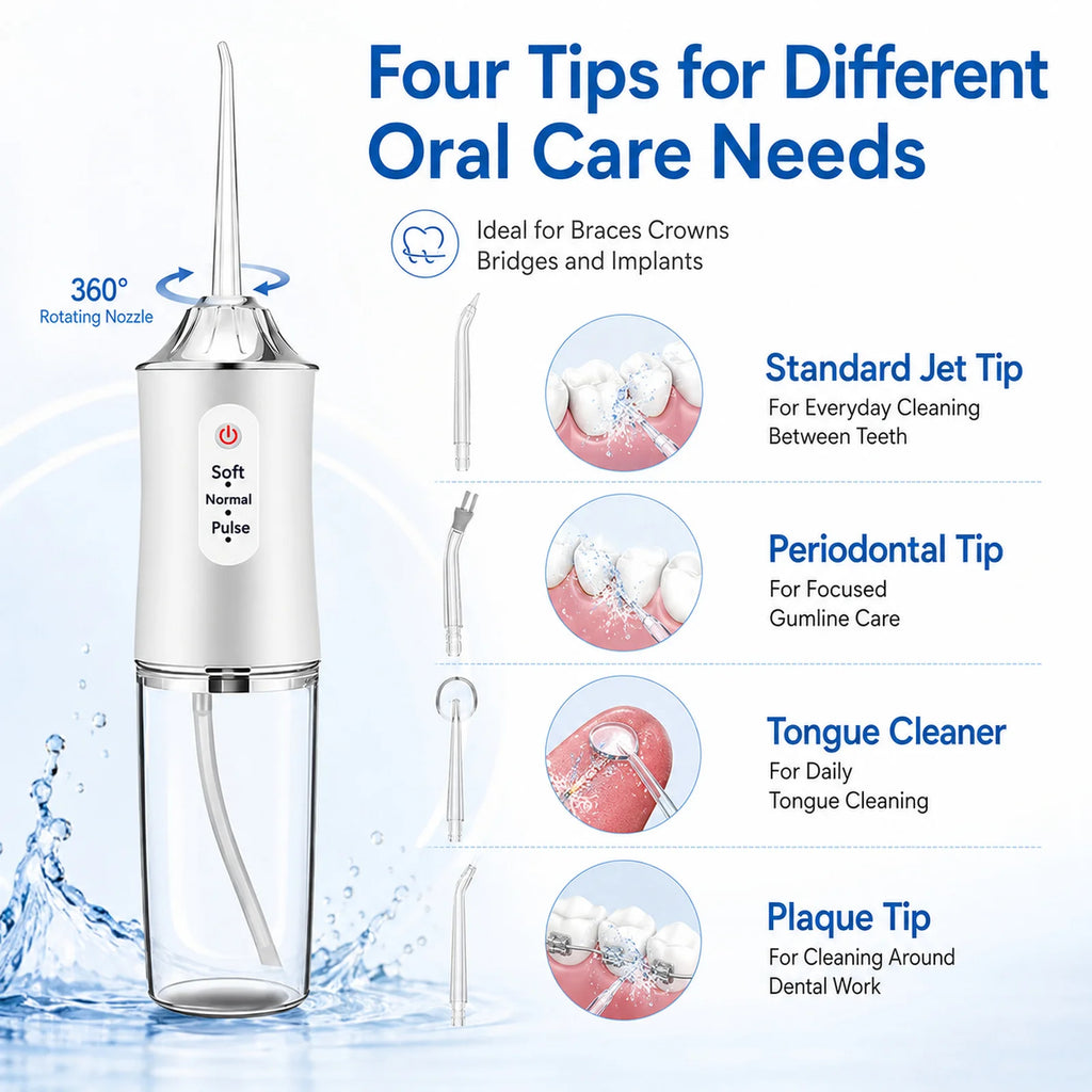 Powerful Battery Electric Pick Ipx7 3 Modes Rechargeable Teeth Cleaning Replacement Tips Oral Irrigator Water Dental Flosser