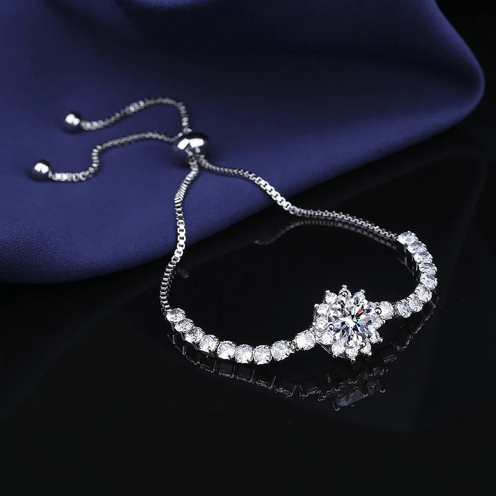 925 Sterling Silver Bracelet Moissanite Sunflower Bracelet Two Carats Hand Jewelry Women Pull-Out Style