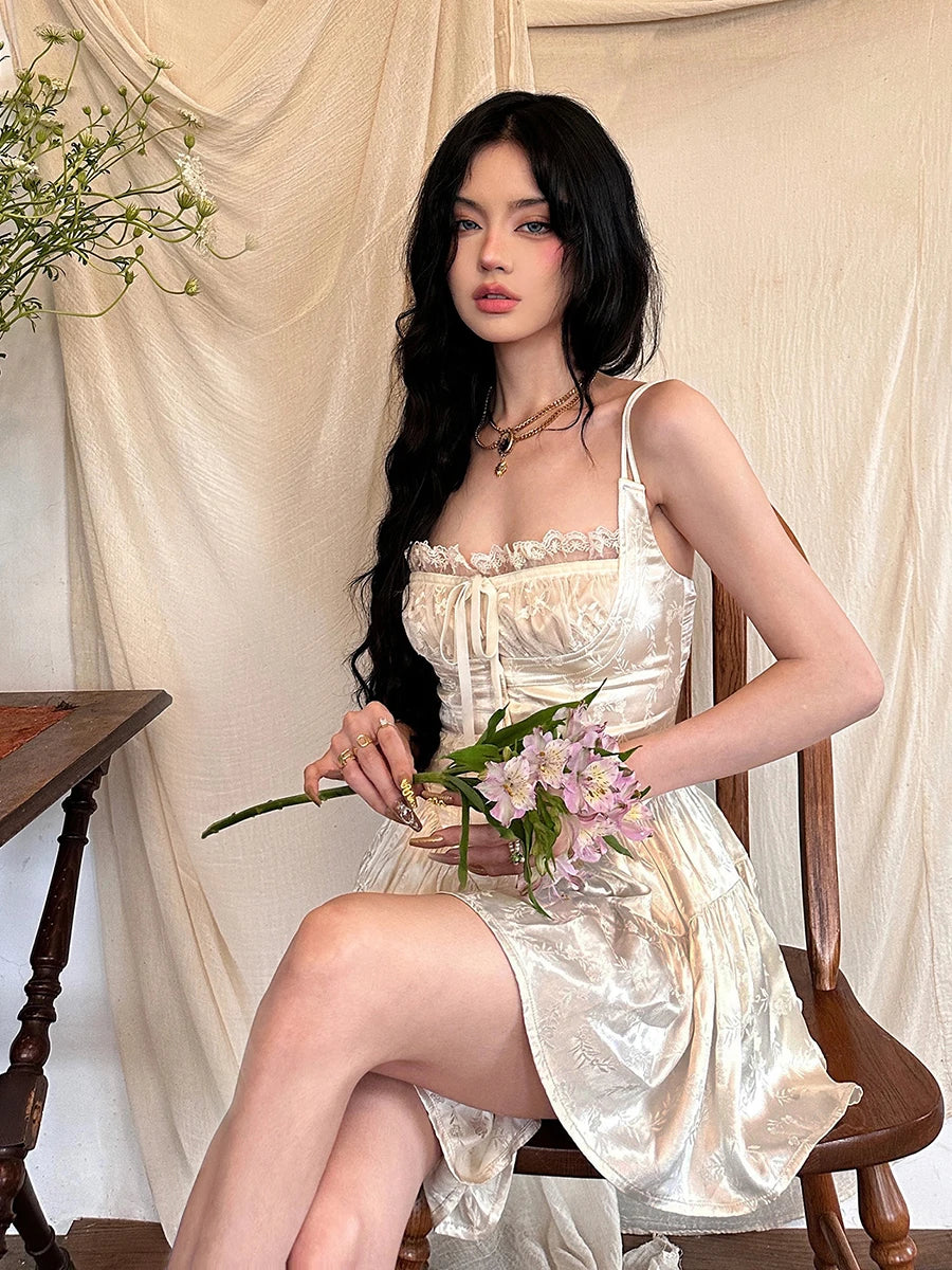 REDDACHiC Medieval Retro Satin Mini Dress & Lace Shorts Coquette Floral Corset Camisole Rompers Date Party Summer Women Clothes