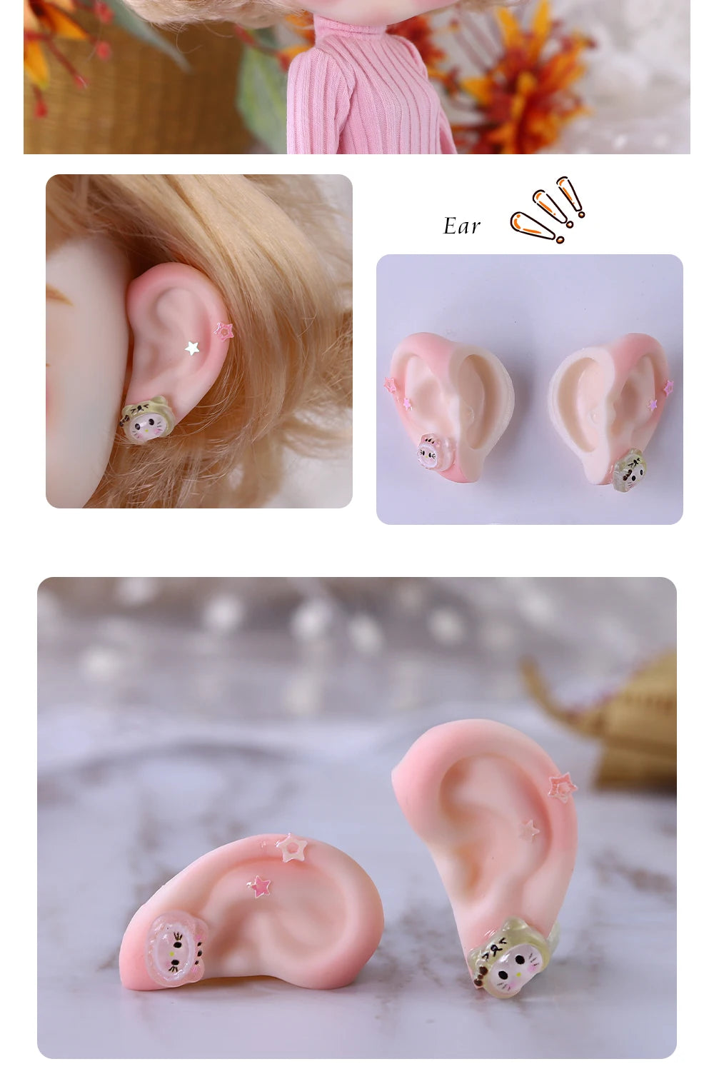 Blyth 1/6 Doll Ear: Hand-painted Ears with Rhinestone Texture and Openwork Design DIY Accessories for 30 cm Dolls