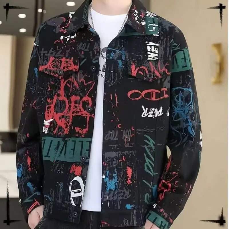 Vintage Loose Men's Print Denim Jacket Spring Autumn Casual Long Sleeve Outerwear Coat