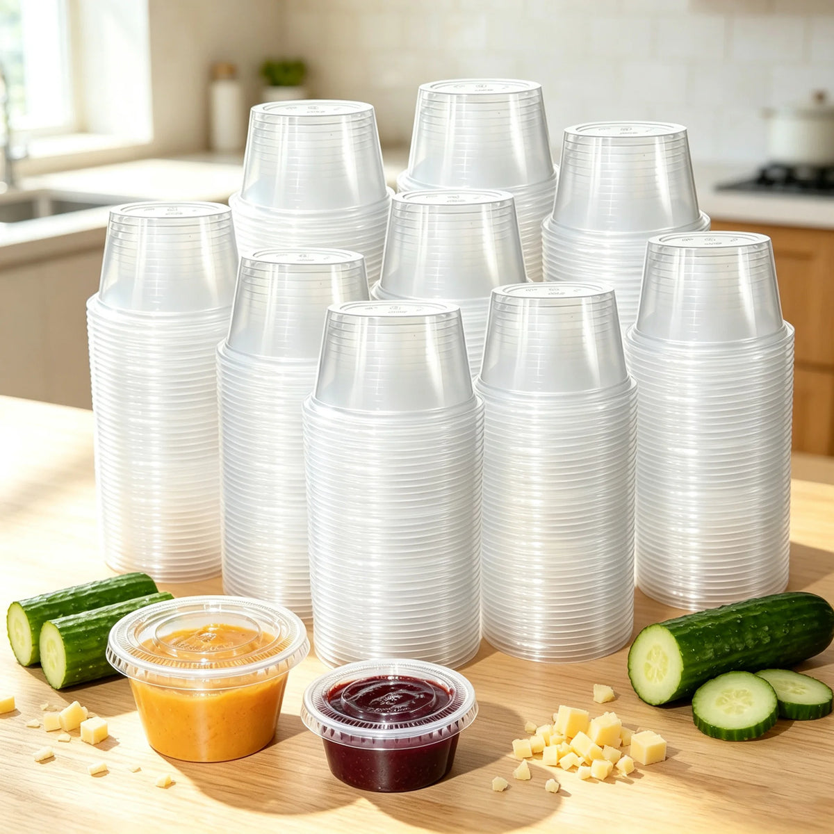 100 Sets of Disposable Clear Plastic Sauce Cups - 2 oz/4 oz, Microwave and Freeze Safe, Leak-proof, Portable Dip Cups for BBQ, Meal Prep, Catering, Restaurants, Lunch, Picnics and Everyday Kitchen Use