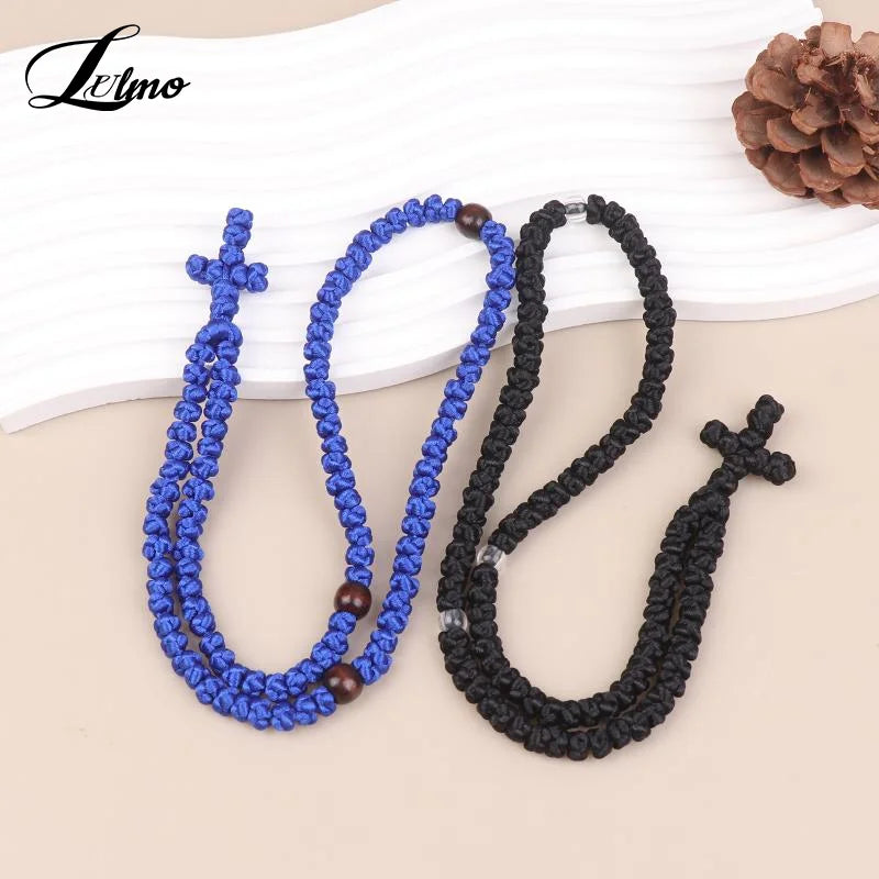 Handmade Orthodox Komboskini Prayer Rope Necklace Black Blue Knot Religious Cross Rosary Jewelry Gift For Believers