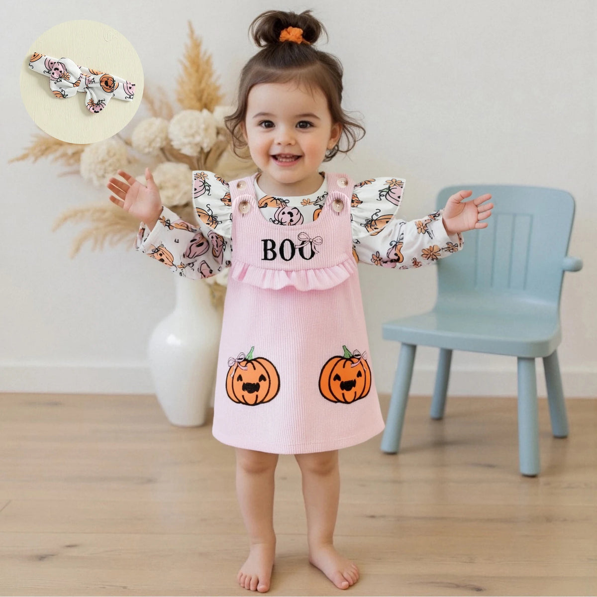 0-18M Baby Girl Halloween Outfit Long Sleeve Romper Pumpkin Print Overall Dress Headband Set Newborn Fall Clothes