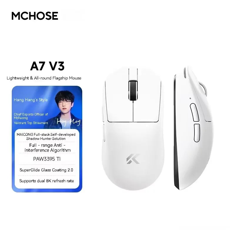MCHOSE A7 V3 Ultra Gaming Mouse PAW3955Ti Super Sensor 20000FPS Tracking Accuracy 8kHz Polling Rate Low Latency Super Glide