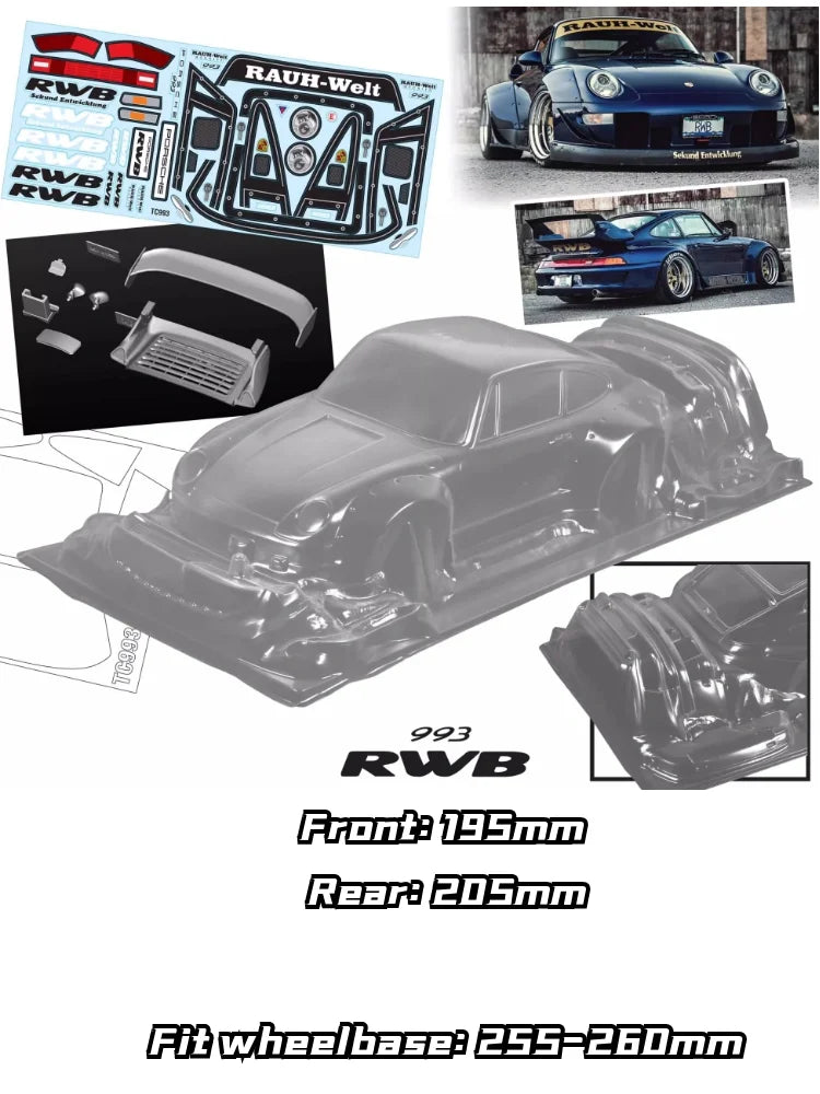 1/10 RWB 993 Wide RC Drift Body Rally PC Shell 195mm Width 260mm Wheelbase Lampshade No Painted Body RC Hsp Hpi Trax Tamiya LC