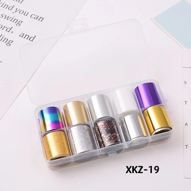 10 Rolls/ Box Charm Nail Foils Polish Stickers Metal Color Starry Paper Transfer Foil Wraps Adhesive Decals Nail Art Decorations