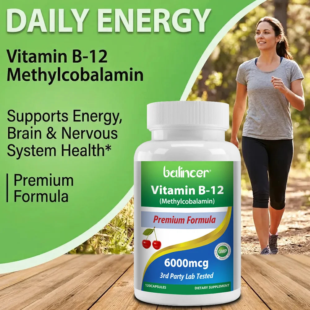 Vitamin B12 Supplement 6000mcg - Energy Brain Memory Mood, Heart  Function, Nervous & Immune System Support, 30/60/120 Capsules