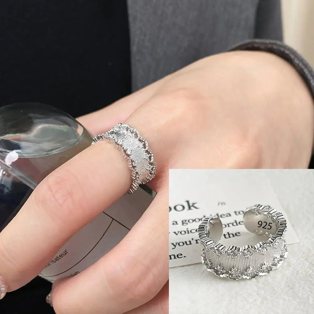 925 Sterling Silver Flower Geometry Ring For Women Girl Hollow Out Zircon Grace Wide Jewelry Gift Dropshipping