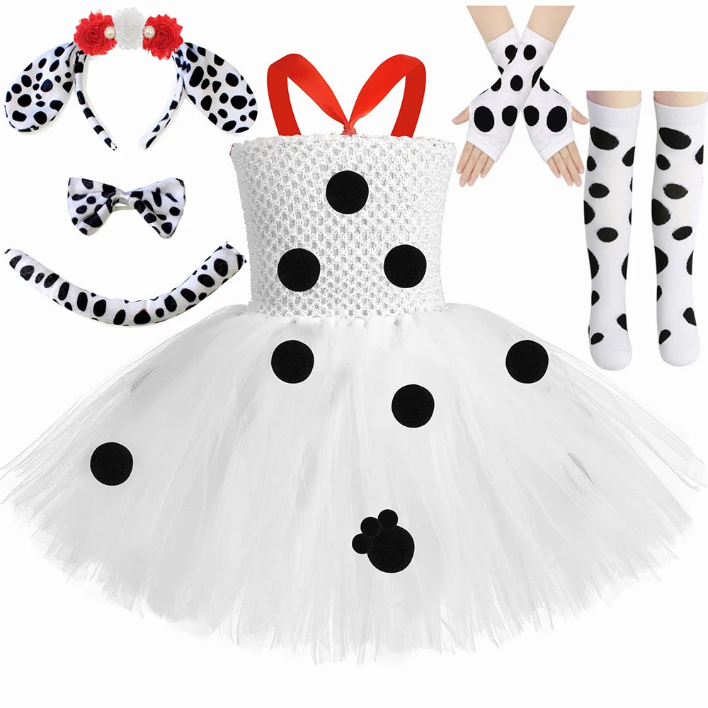 HJTT Toddler Girls Dalmatian Dog Costume Polka Dot Spotted Puppy Tutu Dress Dalmatians Costume for Kids Halloween Party Dress Up