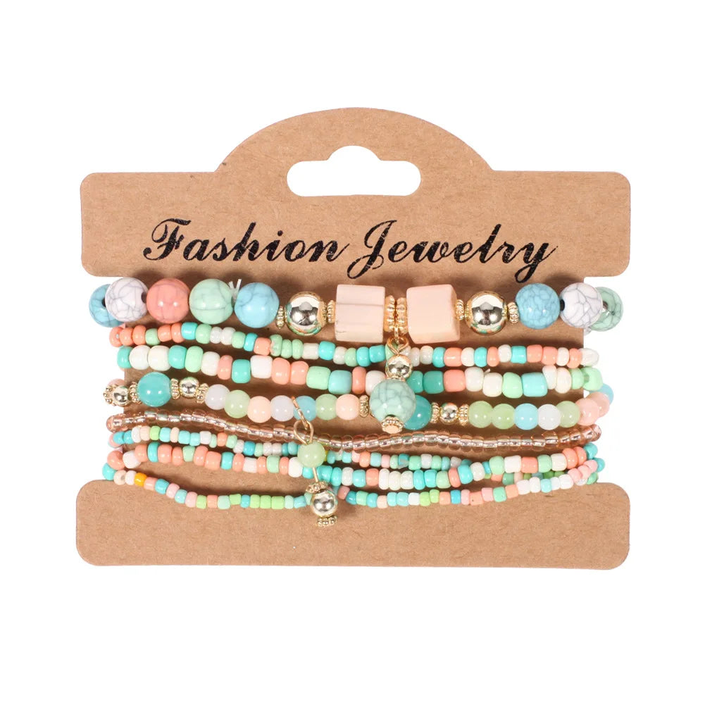 4Pcs/set Bohemia Wood Beads Chain Bracelet Set For Women Tree Of Life Charm Rose Flower Handmade Bangle Girls Boho Jewelry