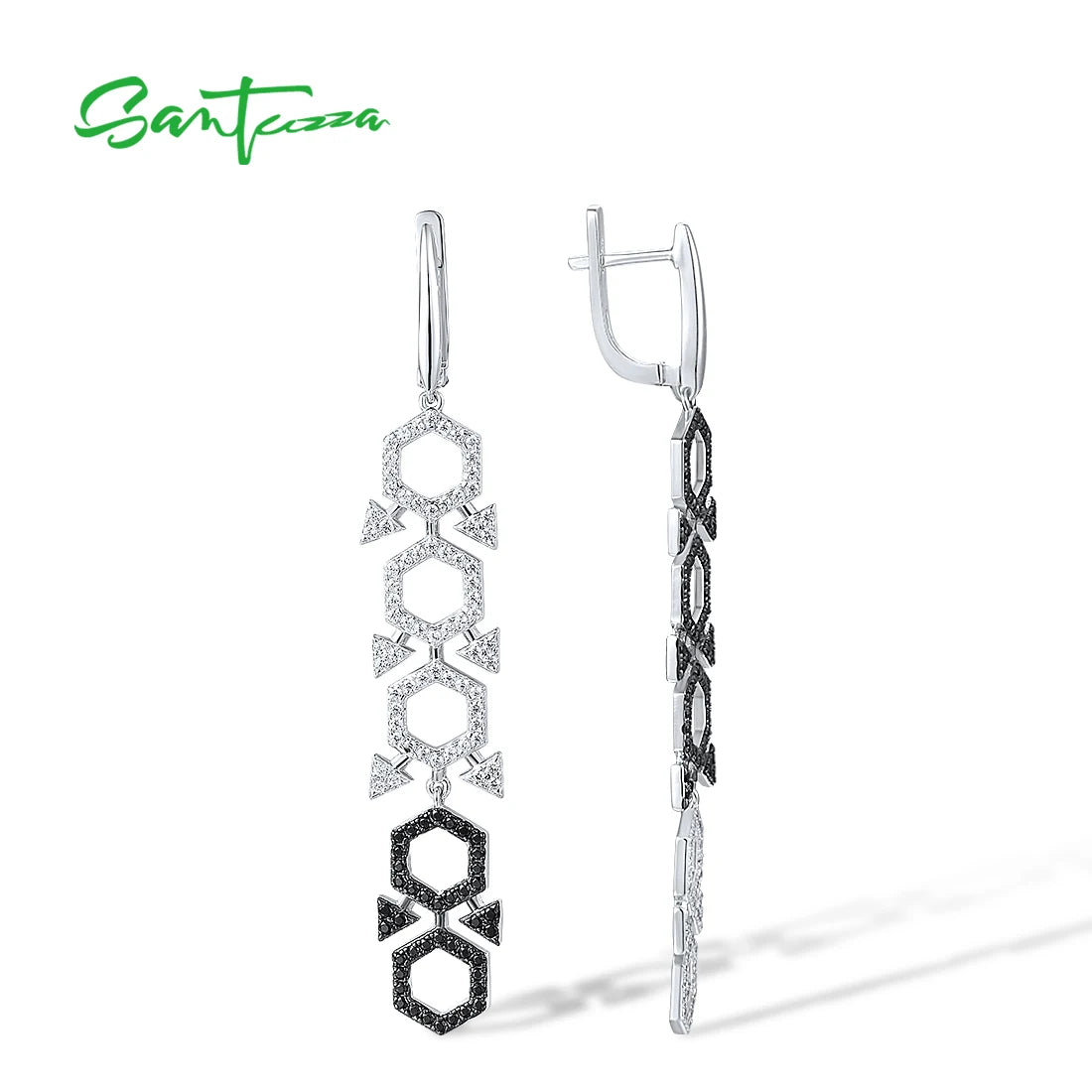 SANTUZZA Pure 925 Sterling Silver Earrings For Women Sparkling White CZ Black Spinel Geometric Long Dangling Fine Trend Jewelry