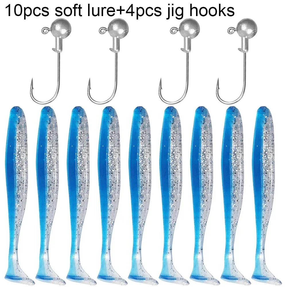 14PCS Gear Kit 10PCS Soft Lure 5.5cm 7cm 10cm T Tail Worm 4PCS Jigging Head Hook 3g 5g 10g Metal Jig Fishing Pesca Swimbait Bait