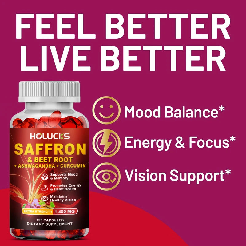 Saffron Extract Supplement, Boost Energy & Mood, for Eye & Heart Health, Focus, Vision Support, with Beet Root & Ashwagandha