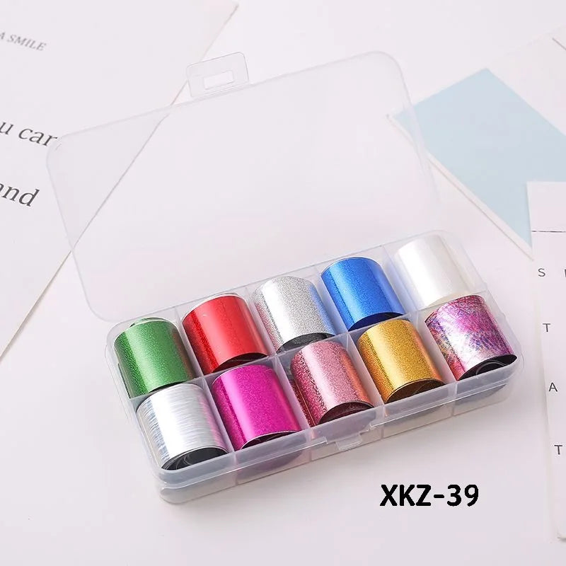 10 Rolls/ Box Charm Nail Foils Polish Stickers Metal Color Starry Paper Transfer Foil Wraps Adhesive Decals Nail Art Decorations