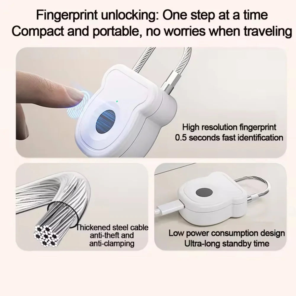 Smart Fingerprint Padlock Outdoor Luggage Fingerprint Lock Keyless USB Charging Door Lock 0.5sec Unlock Portable Anti-theft Lock