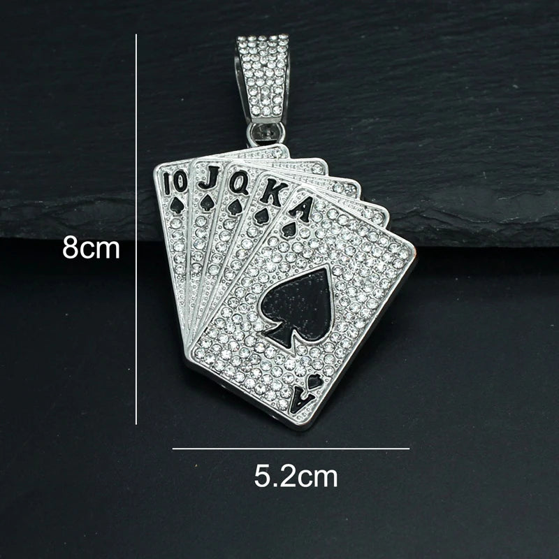 Men Women Hip Hop Playing Card Poker Pendant Necklace Crystal Cuban Chain HipHop Iced Out Bling Necklaces Fashion Charm Jewelry