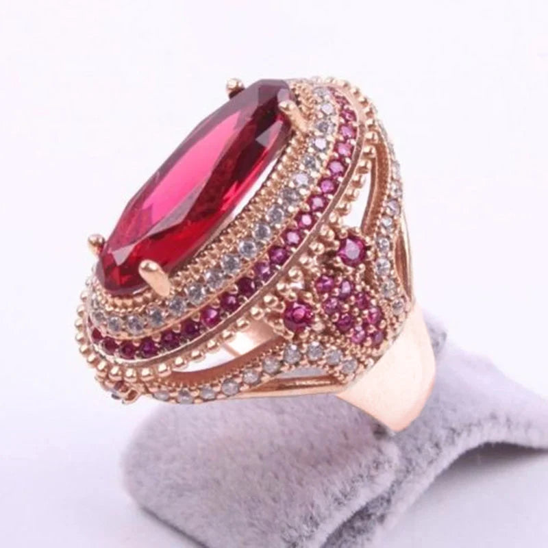 Huitan Noble Wome Ring Elegant Party Engagement Fashion Accessories for Lady Charming Anniversary Gift Inlaid Shiny Red Oval CZ