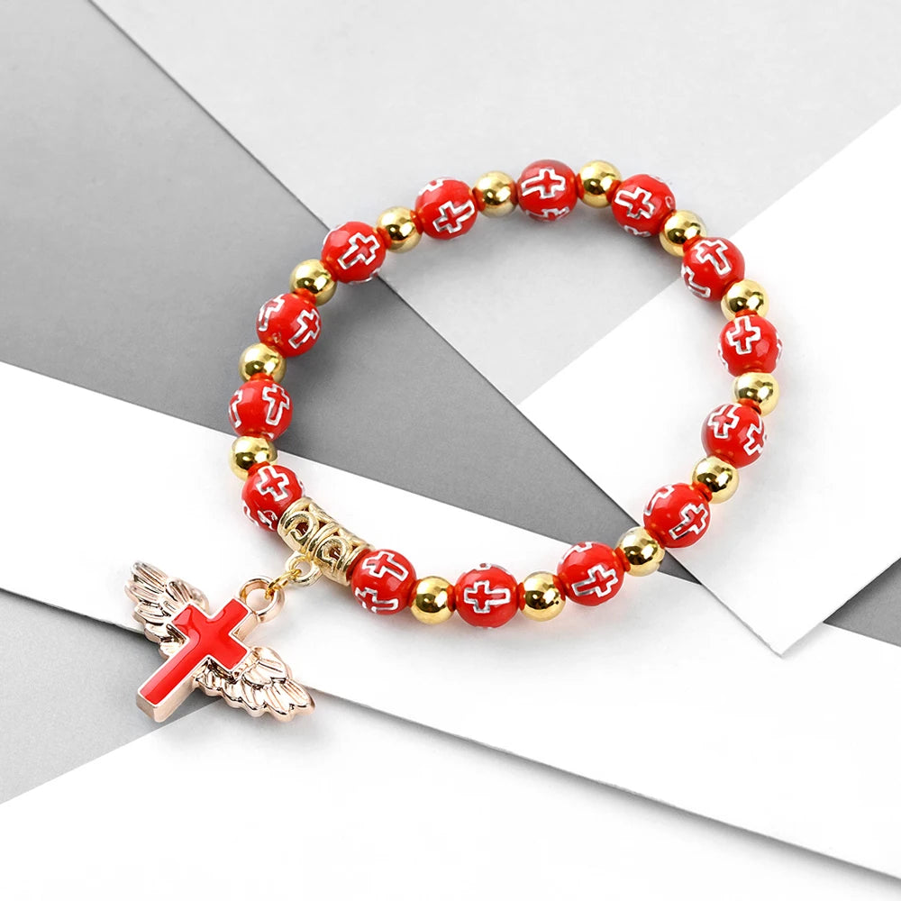 Fashion Acrylic Beaded Bangles Bracelet With Angel Wings Cross Pendant For Women Men Wristbands Lucky Jewelry Gifts
