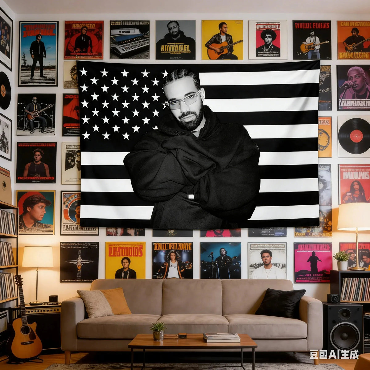 VIKAMA Drake Hip Hop Flag Tapestry Polyester Wall Hanging Black White American Flag Art for Bedroom Living Room Dorm Home Decor