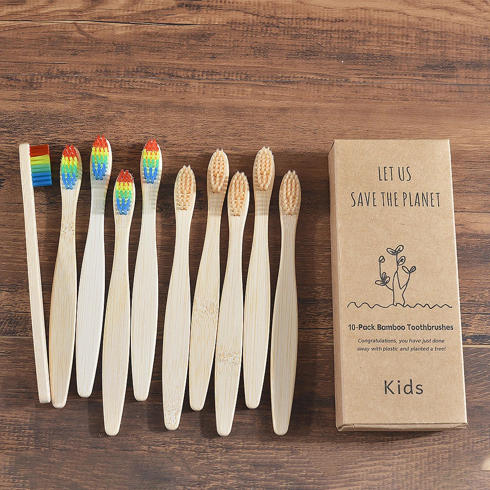 10 Pieces Children Colorful Toothbrush Eco Soft Bristle Bamboo Toothbrush Kids Bambou Vegan Tooth Dental Oral Care Plastic Free