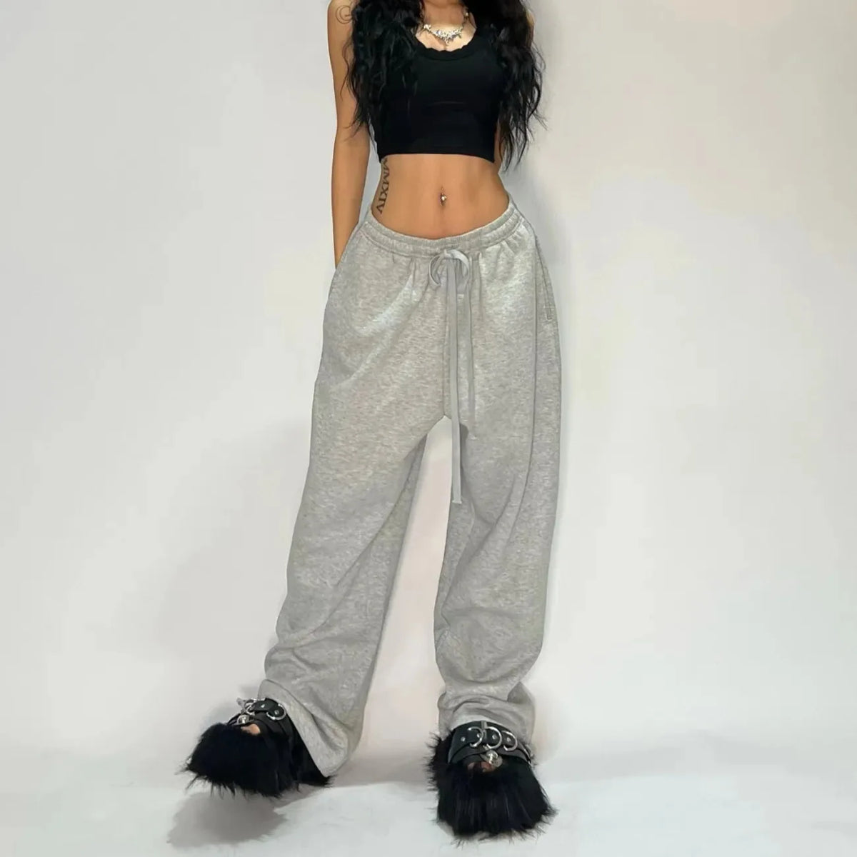 Retro Y2K Baggy Pants Fashion Women Pocket Elastic Waist Oversized Vintage Wide Leg Pant Casual Streetwear Sweatpant Trousers
