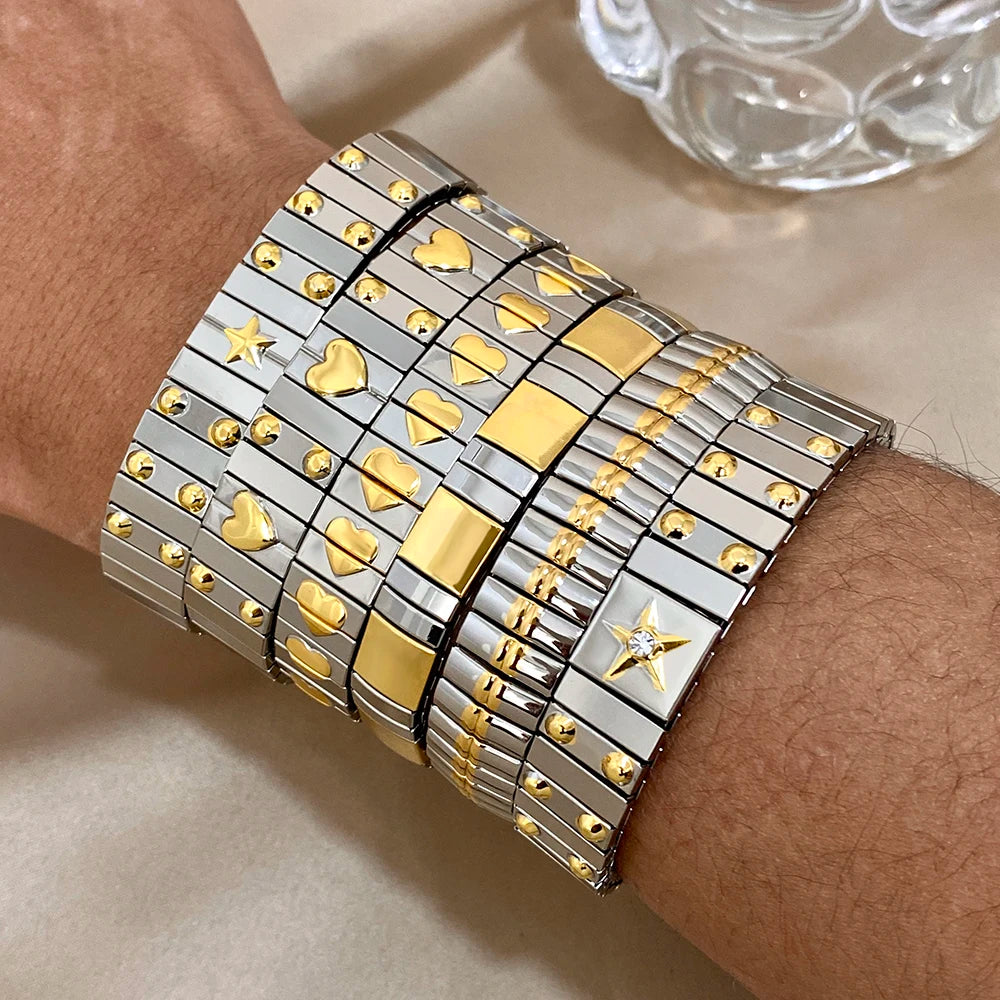 Greatera Two Tone Stainless Steel Elastic Charm Bracelet for Women Men Heart Floral Bracelets Waterproof Adjustable Jewelry