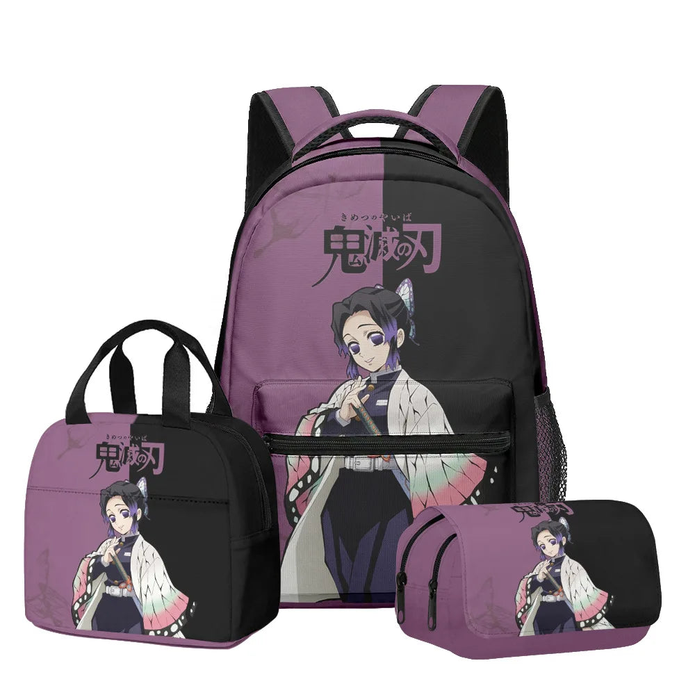 New Anime Peripheral Demon Slayer 3D School Backpack Lunch Bag Pencil Case 3-Piece Set Printed Holiday Gift for Students Gift
