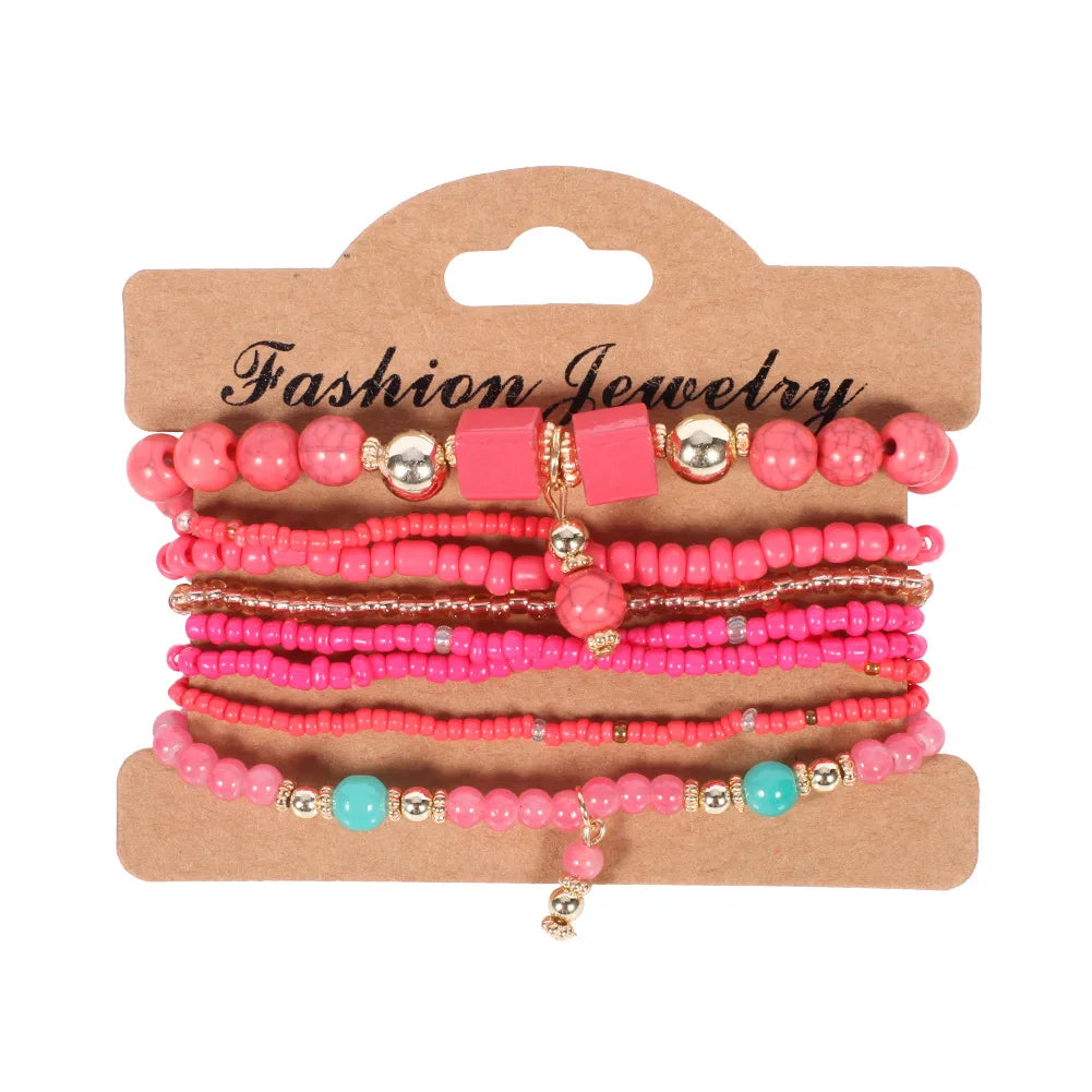 4Pcs/set Bohemia Wood Beads Chain Bracelet Set For Women Tree Of Life Charm Rose Flower Handmade Bangle Girls Boho Jewelry