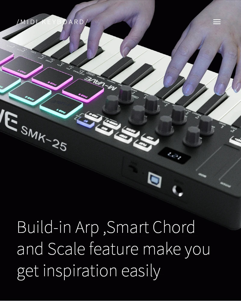 M-VAVE Portable MIDI 25-Key USB MIDI Keyboard Controller with 8 Backlit Drum Pads 8 Knobs 8 RGB Music Keyboard Instruments