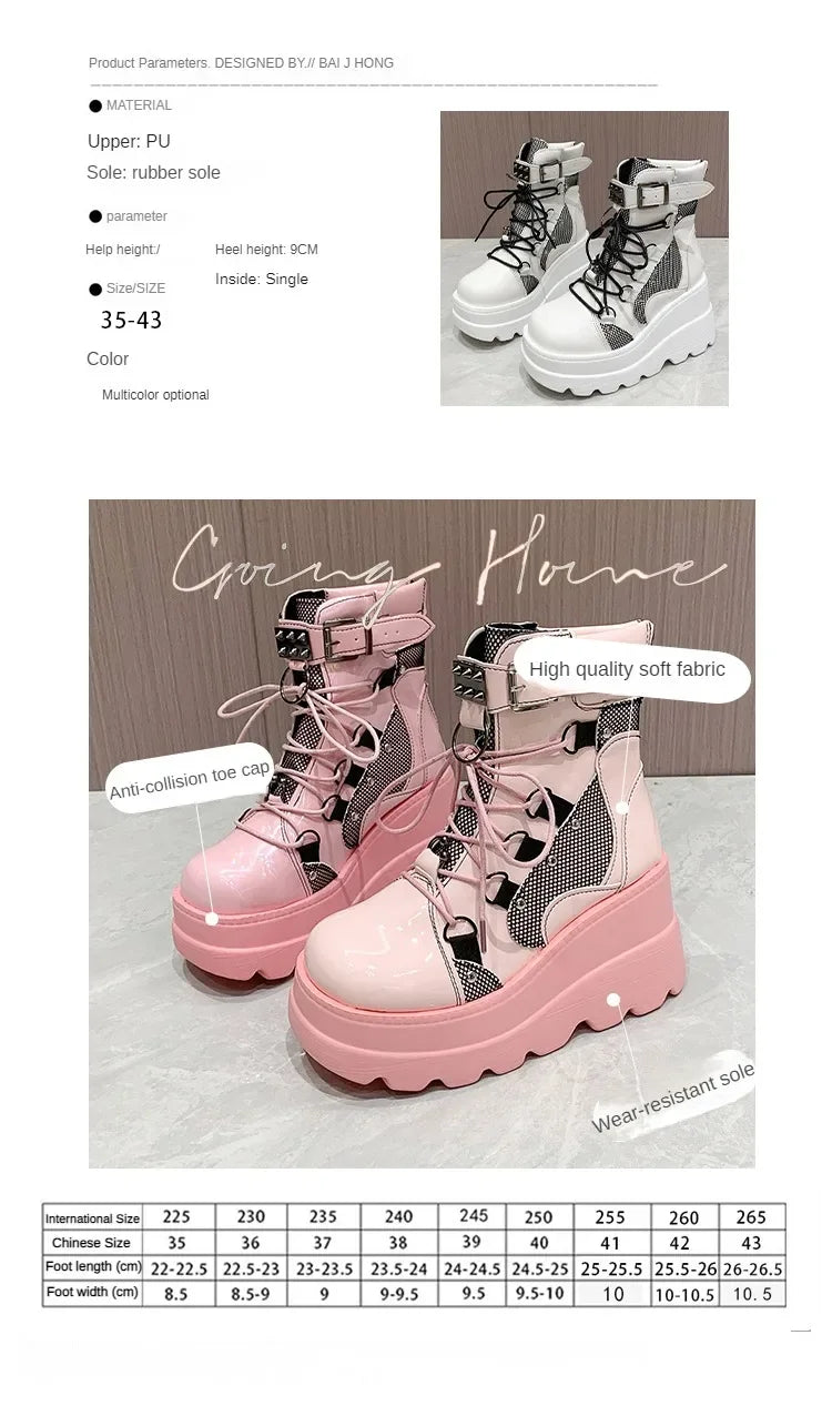 2025 New Design Women Punk Gothic Motorcycle Boots Platform Chunky High Heel Ankle Boot Ladies Cool Wedge Black Female Shoes