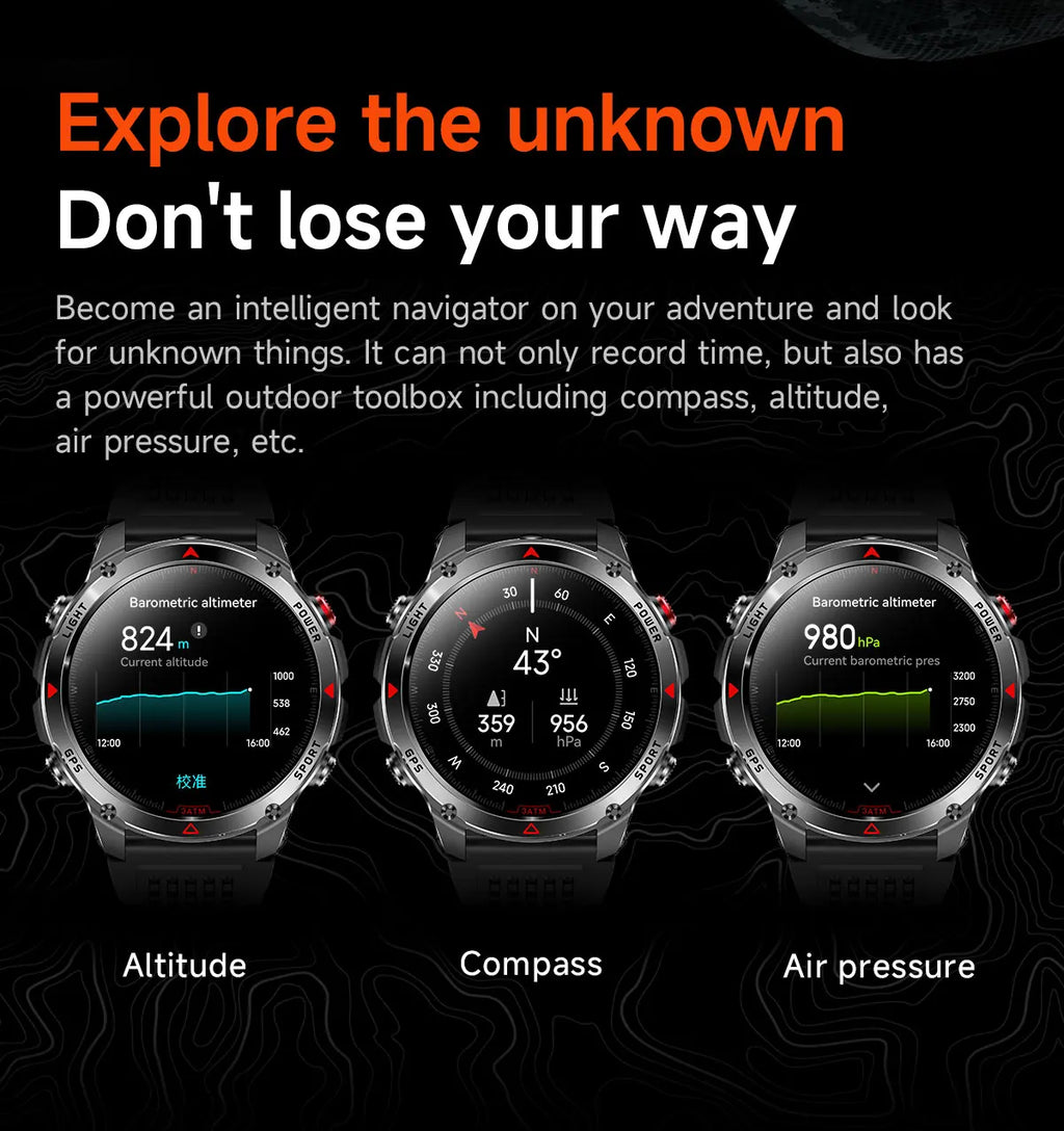 2025 New Military Bluetooth Call Smart Watch Built-in GPS Compass Barometric Altimeter 3ATM Waterproof Sports Smartwatches Men
