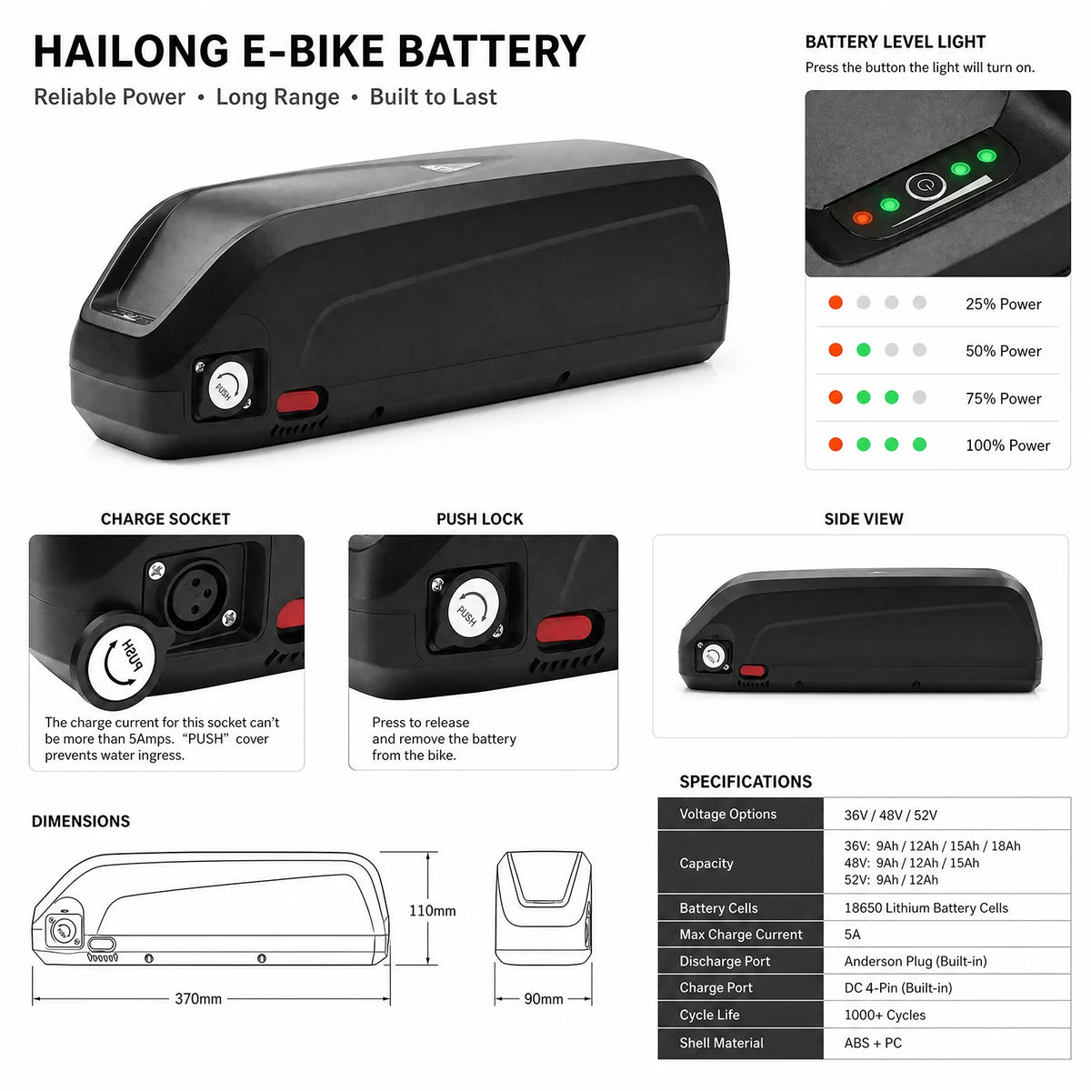 Electric Bicycle Battery Hailong 36V 48V 52V 18650 Cell 30A BMS 9Ah 12Ah 15Ah 18Ah for Bafang Tsdz8 Motor