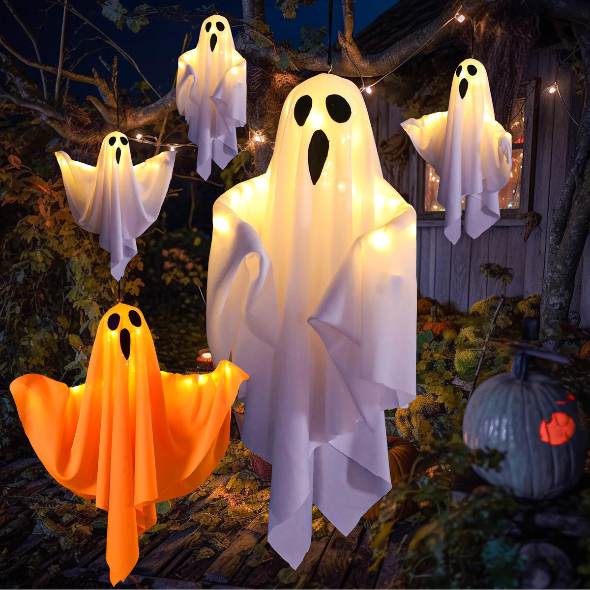Halloween Hanging Ghost Decorations Outdoor, Glowing Ghost with Witch Hat String Lights for Yard Patio Garden Tree Decoration