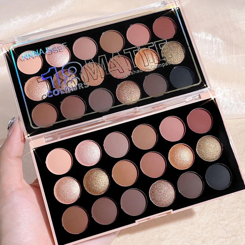 18-Color Eyeshadow Palette – Pearlescent, Matte, Fine Shimmer, Glitter, Earth Tones, Long-Lasting, High-Performance