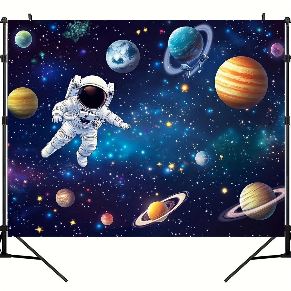 One galaxy space-themed polyester background fabric, designed for outer space and rocket astronauts, for a birthday party