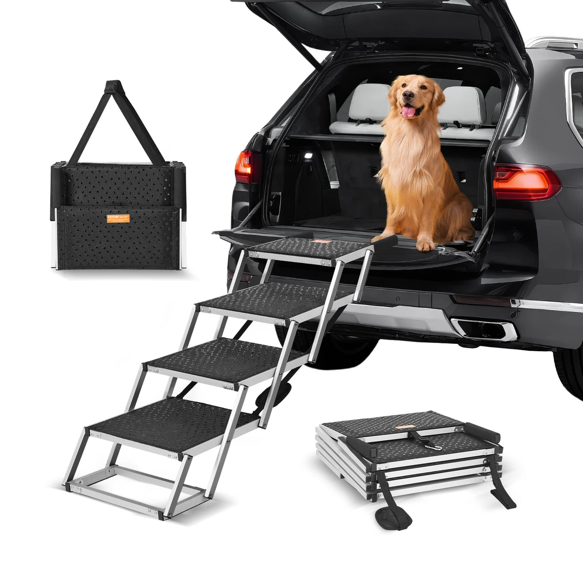 SucceBuy Dog Stair for Cars Wide Dog Car Steps Folding Portable Pet Steps Lightweight Aluminum for Car SUV and Truck 150 lbs