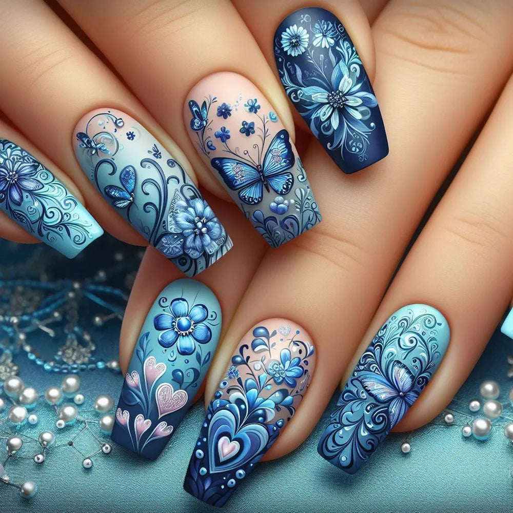 24Pcs Set Medium Long Press On Nails Spring And Summer Flower Butterfly Bee Design Reusable Daily Party Manicure Supply