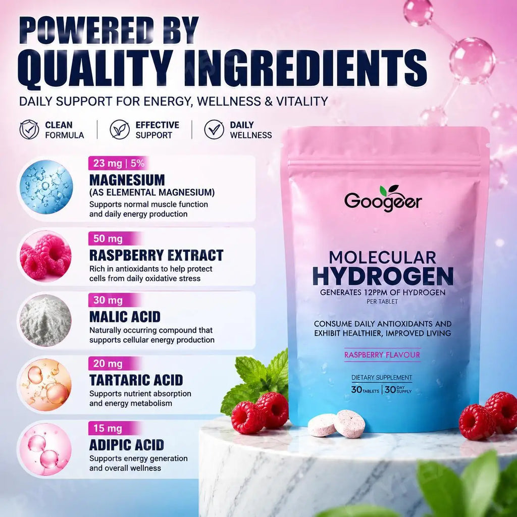 Molecular Hydrogen Water Tablets 12 PPM with Magnesium, Raspberry Flavor, Daily Wellness and Antioxidant Support, 30 Tablets