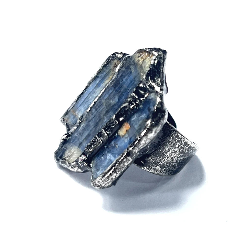Natural Blue Crystal Ring Adjustable Open Design Vintage Rough Metal Setting Unique Flash Stone Jewelry for Boho Gothic Style