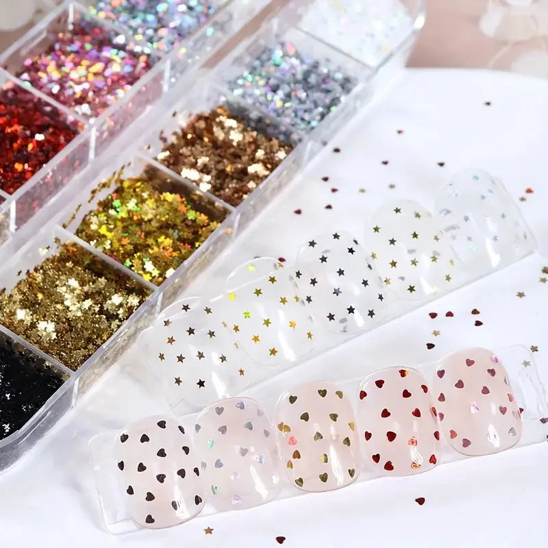 12 Grids Y2K Mini Laser Star Heart Nail Sequins Glitter Five-pointed Stars Nail Flakes Epoxy Resin Mold Fillers Manicure Decor *